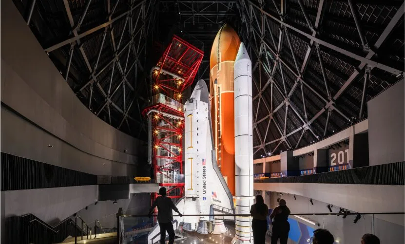 Space Shuttle Endeavour in launch position in the Samuel Oschin Shuttle Gallery